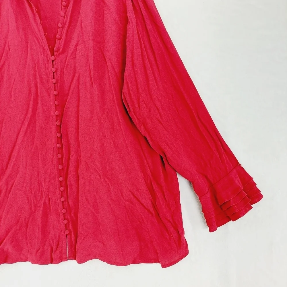 Soft Surroundings Sonnet Blouse Covered Button Ruffle Sleeve Red Shirt P3814